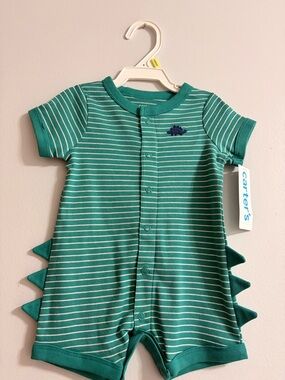 Carter's Green & White Striped Dino Snap Romper
